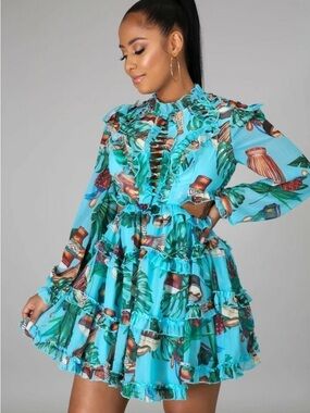 L'ATISTE Turquoise Blue Tropical Print Ruffled Mini Dress